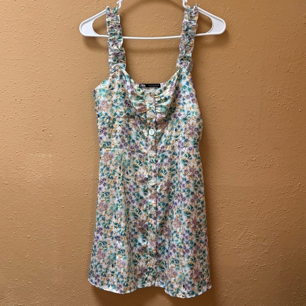 Zara Floral Button Front Mini Dress Ruffle Strap Sweetheart Neck Multi Color S